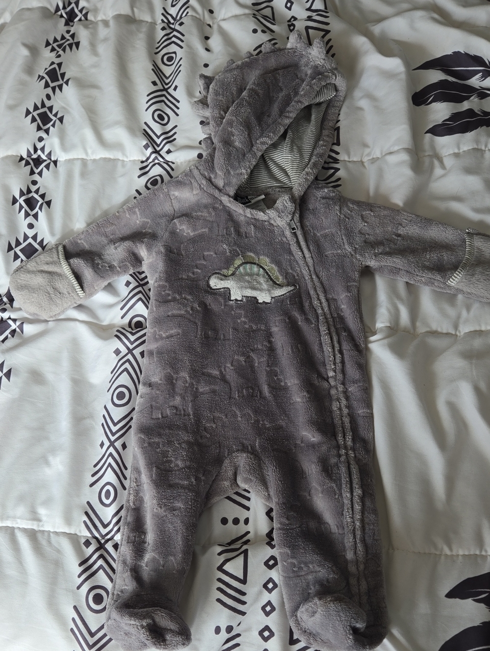 4 For $20 Baby One-Piece Hooded Footed One Piece in Gray with Dinosaurs 0/3month